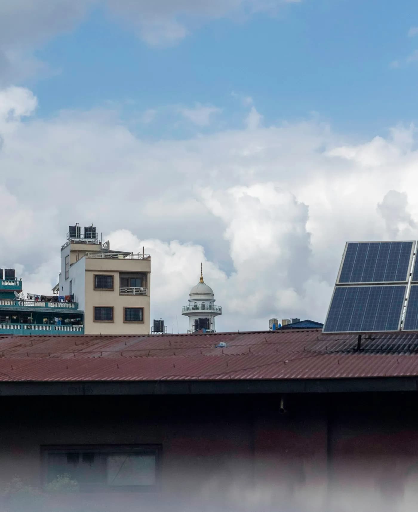 Rooftops and solar panels near Dharahara in Kathmandu